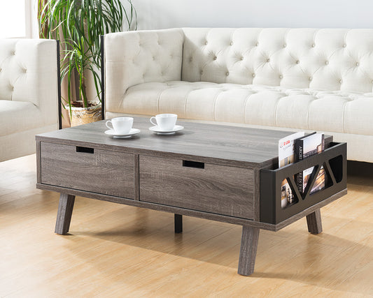 Modern grey wood coffee table with two drawers and magazine rack