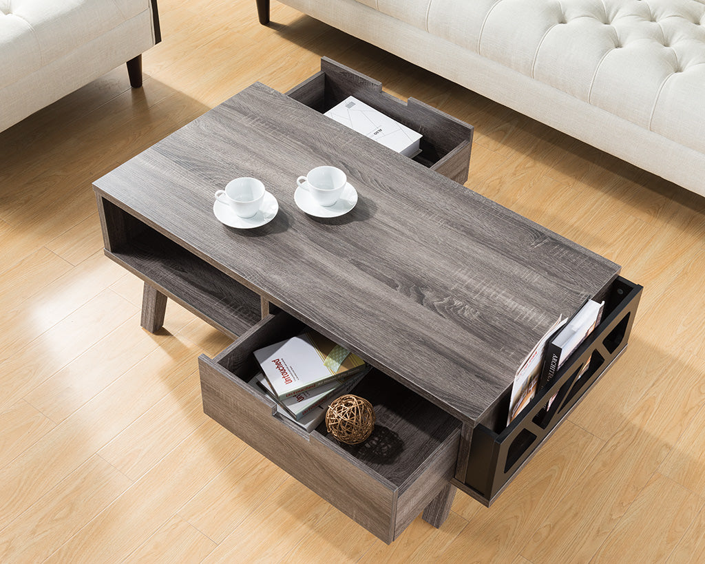 Modern gray wood coffee table with open shelves and drawers