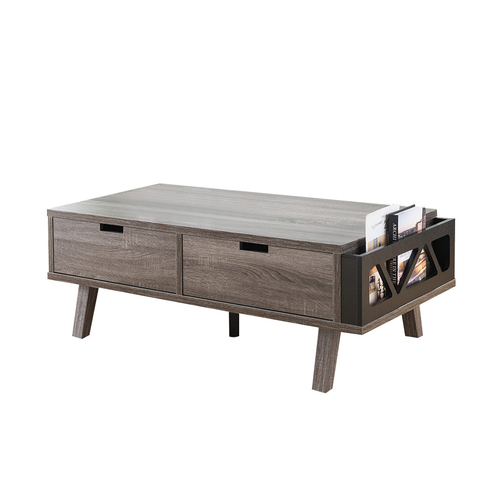 Midcentury modern grey wood coffee table with two drawers and magazine rack