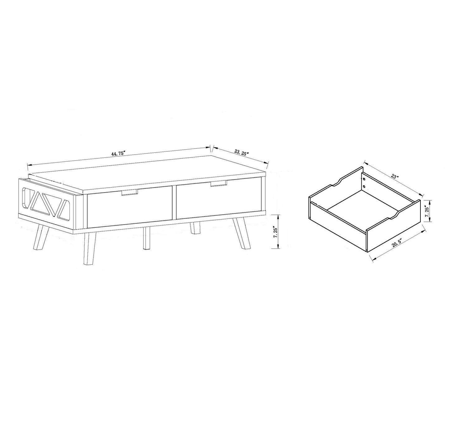Diagram of a modern coffee table with two drawers and tapered legs Keyword coffee table