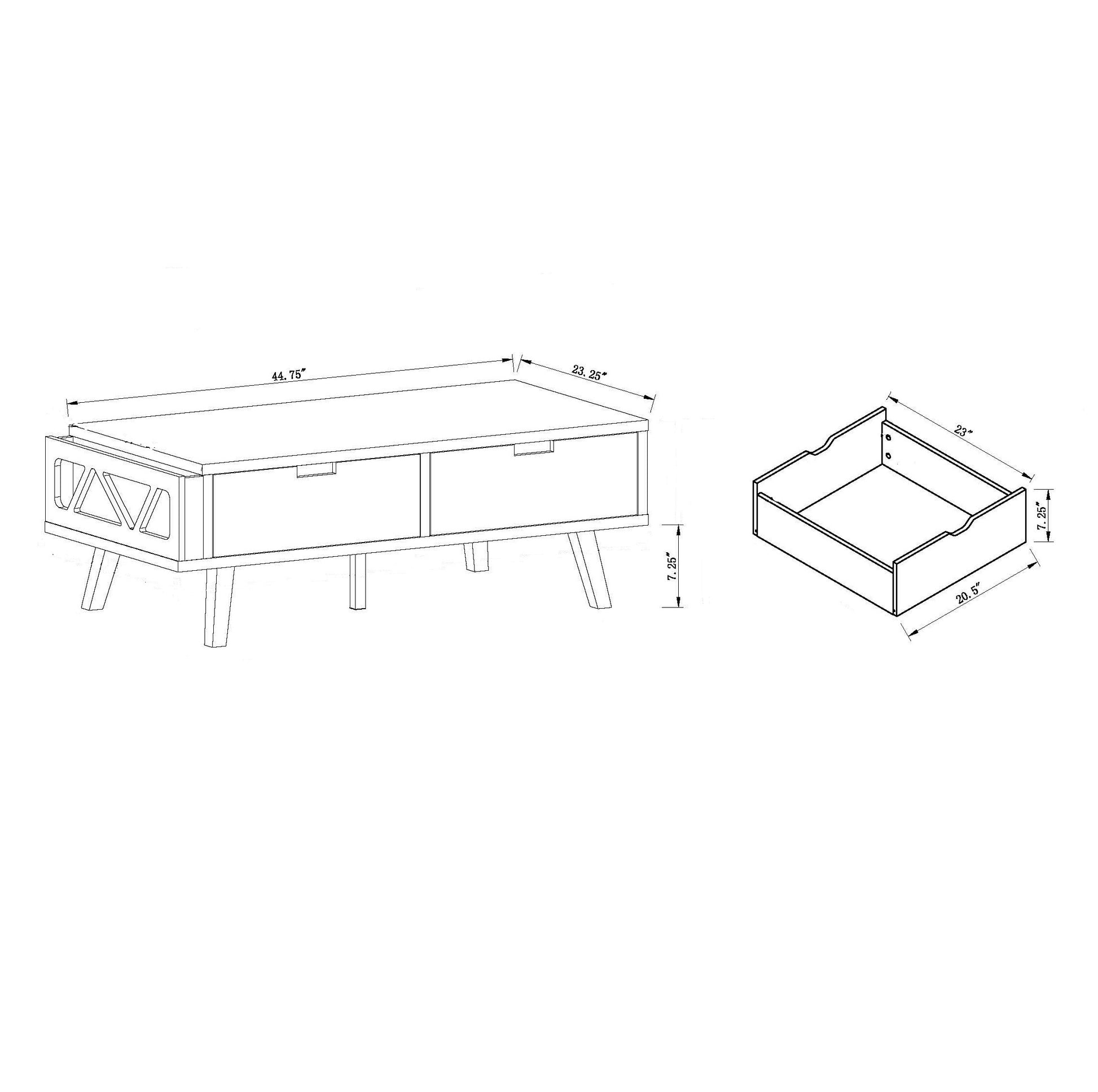 Diagram of a modern coffee table with two drawers and tapered legs Keyword coffee table