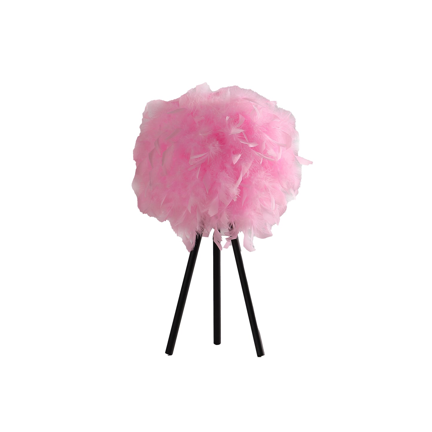 Fluffy pink feather table lamp on a black tripod base ideal for bedroom accent lighting