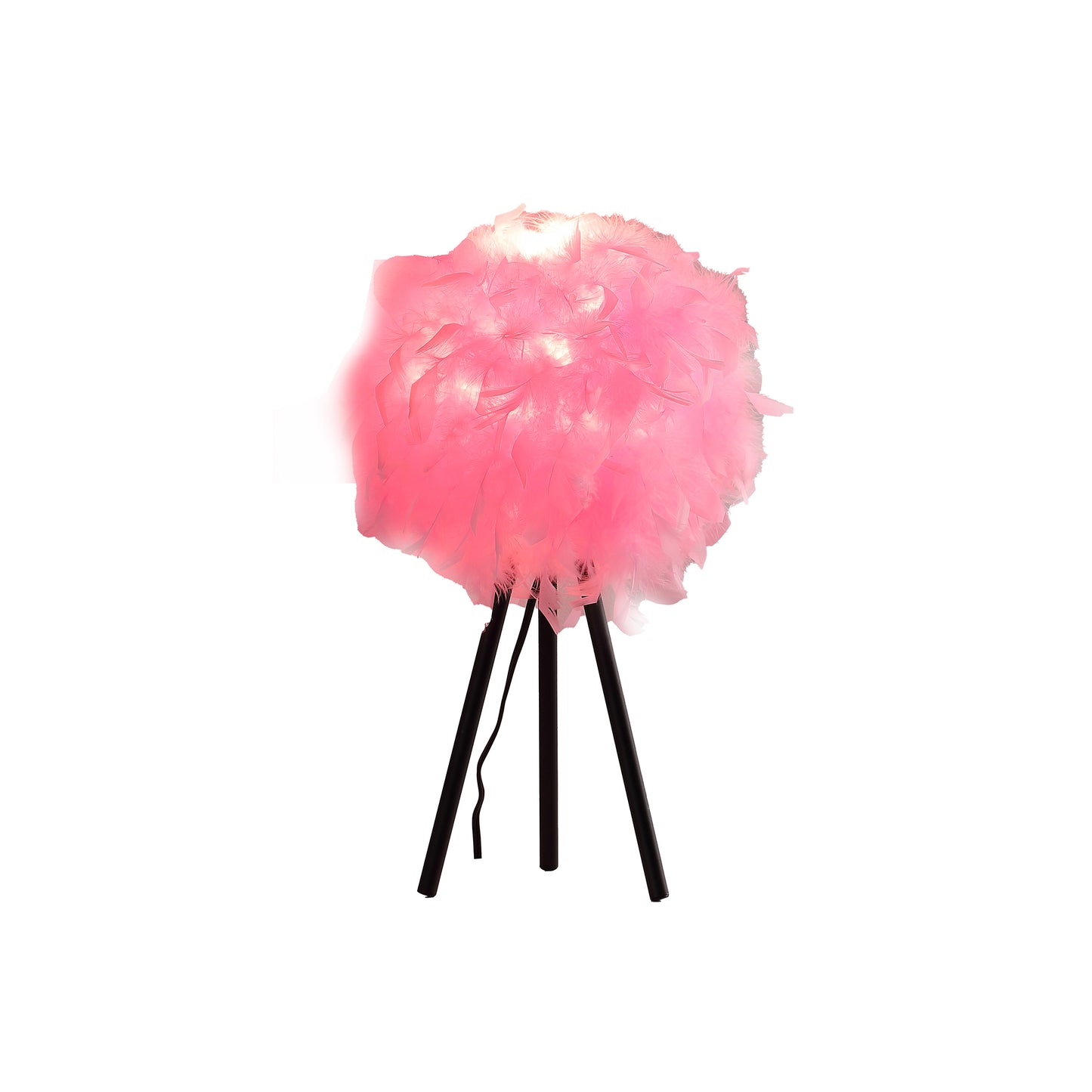 Pink feather table lamp with black tripod base and warm LED lights