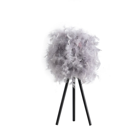 Soft grey feather floor lamp with a modern tripod base for ambient lighting