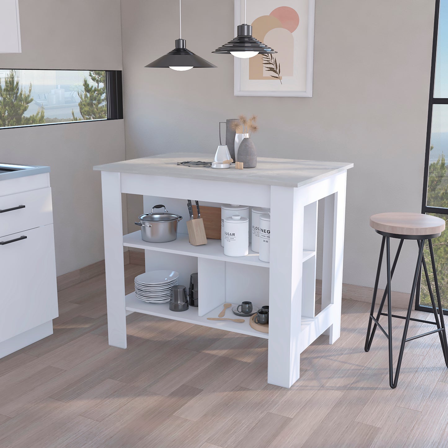 White kitchen island with woodgrain countertop and open shelving