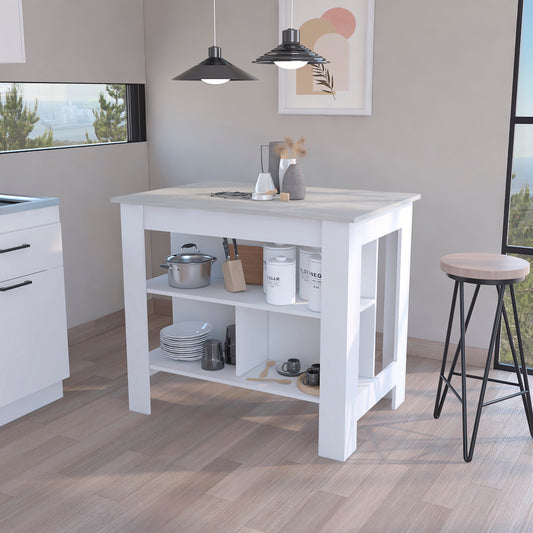 White kitchen island with woodgrain countertop and open shelving