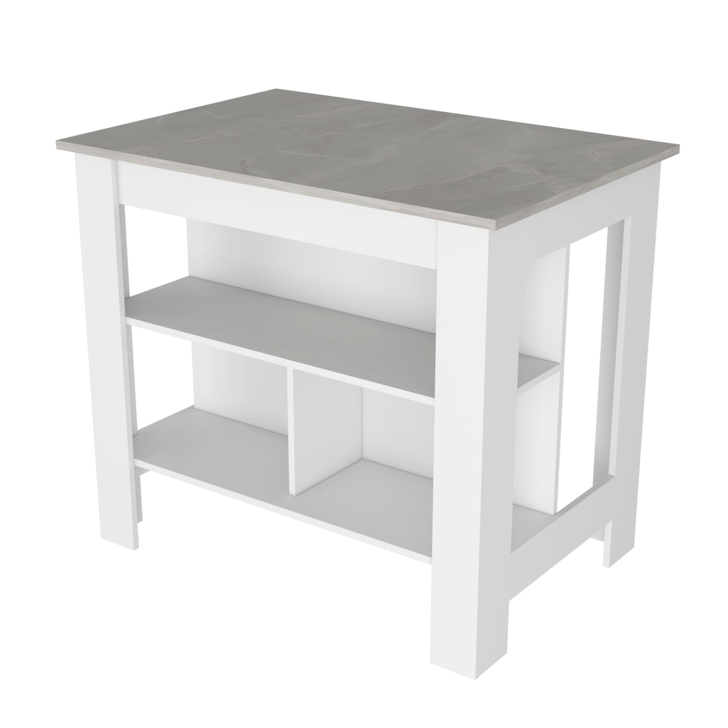 White kitchen island with marblelook top and open shelving