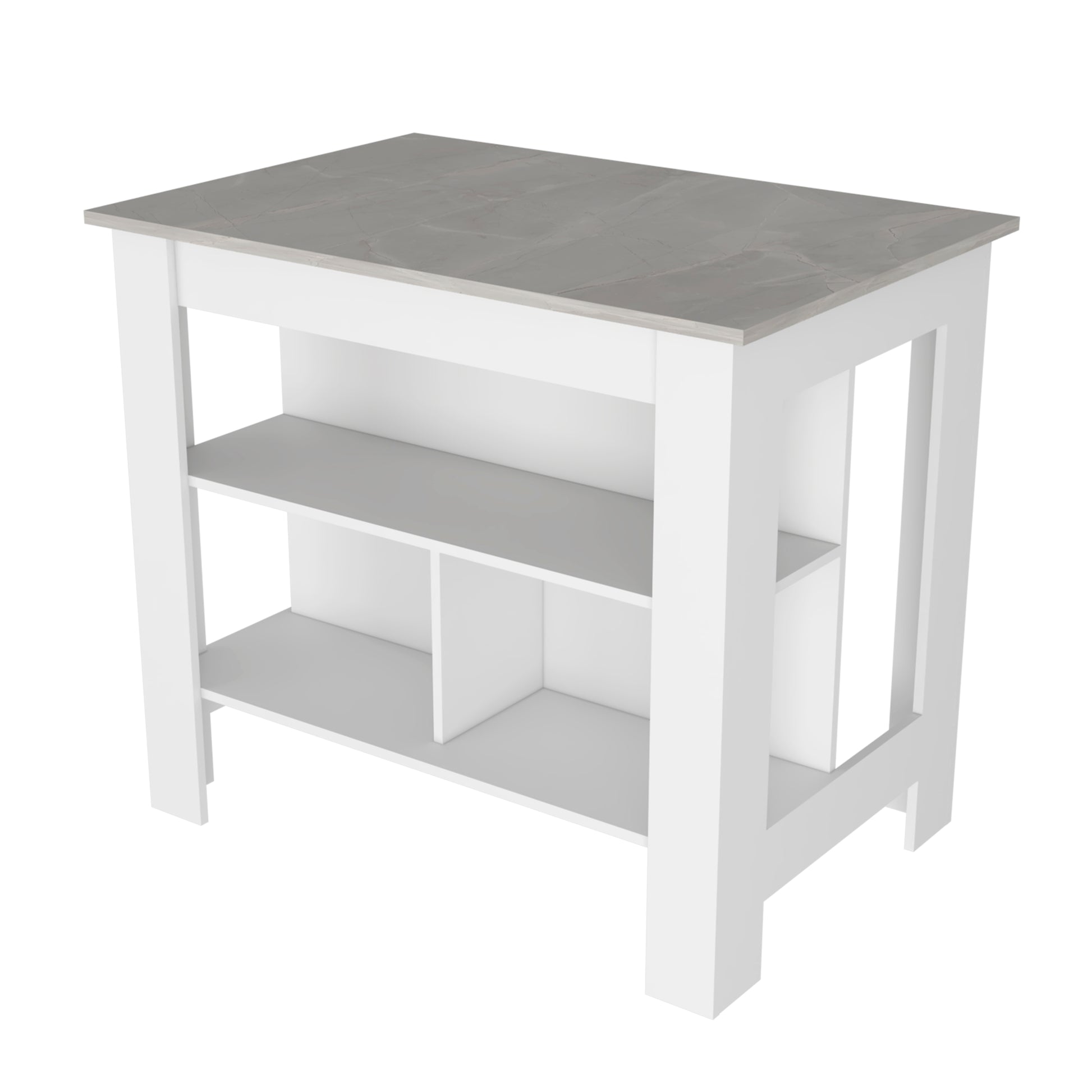 White kitchen island with marblelook top and open shelving