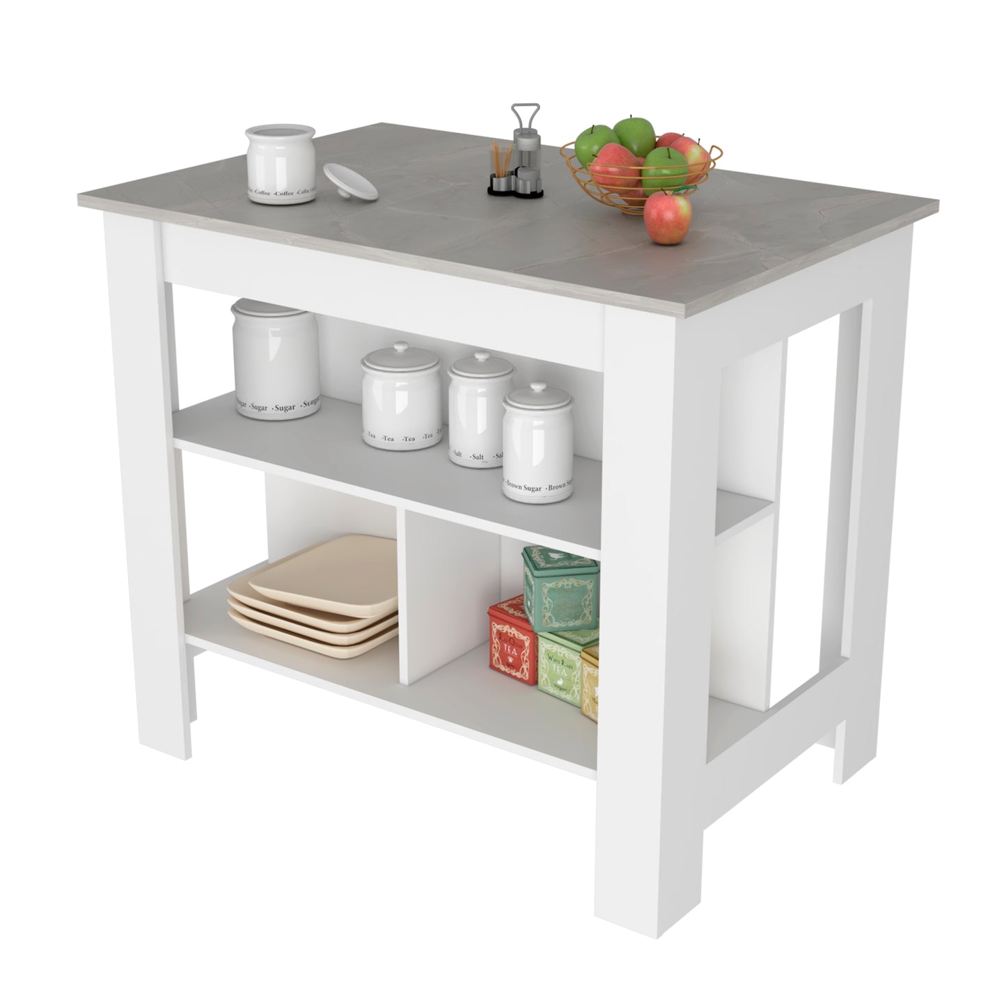 White kitchen island with gray marble top open shelves holding canisters plates and tea tins