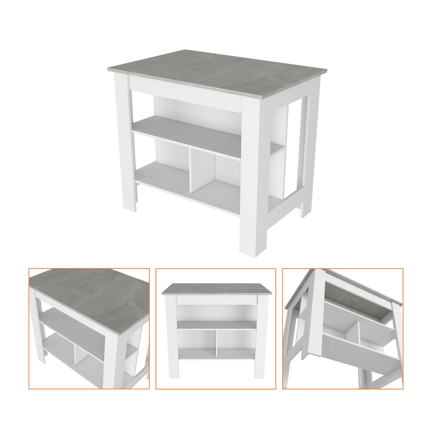 Modern white kitchen island with gray marble countertop and open shelving