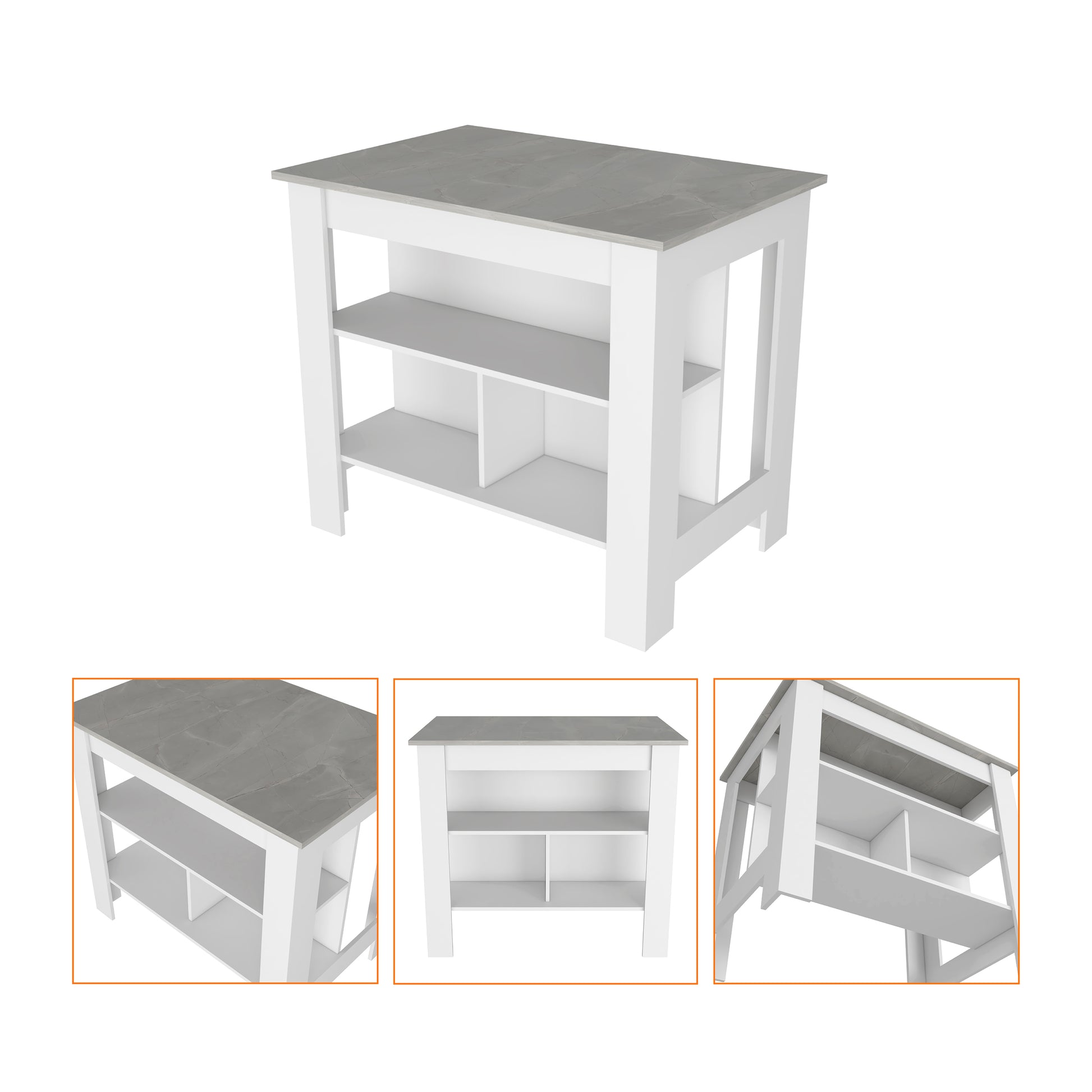 Modern white kitchen island with gray marble countertop and open shelving