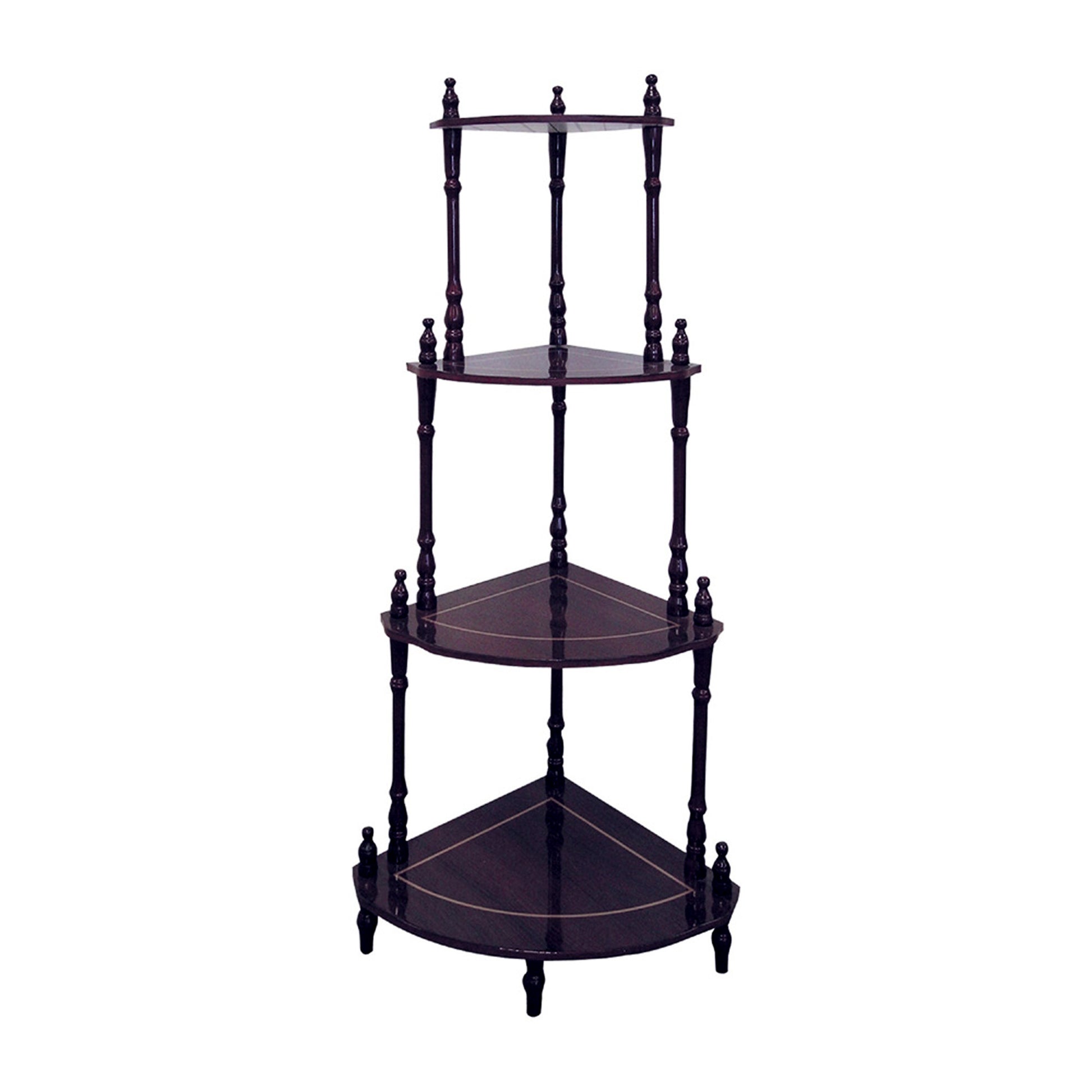 Ornate dark wood fourtier corner shelf with decorative finials and inlaid detailing