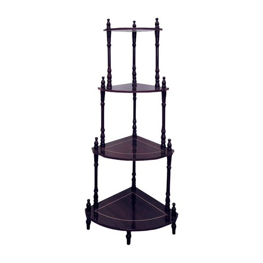 Ornate dark wood fourtier corner shelf with decorative finials and inlaid detailing