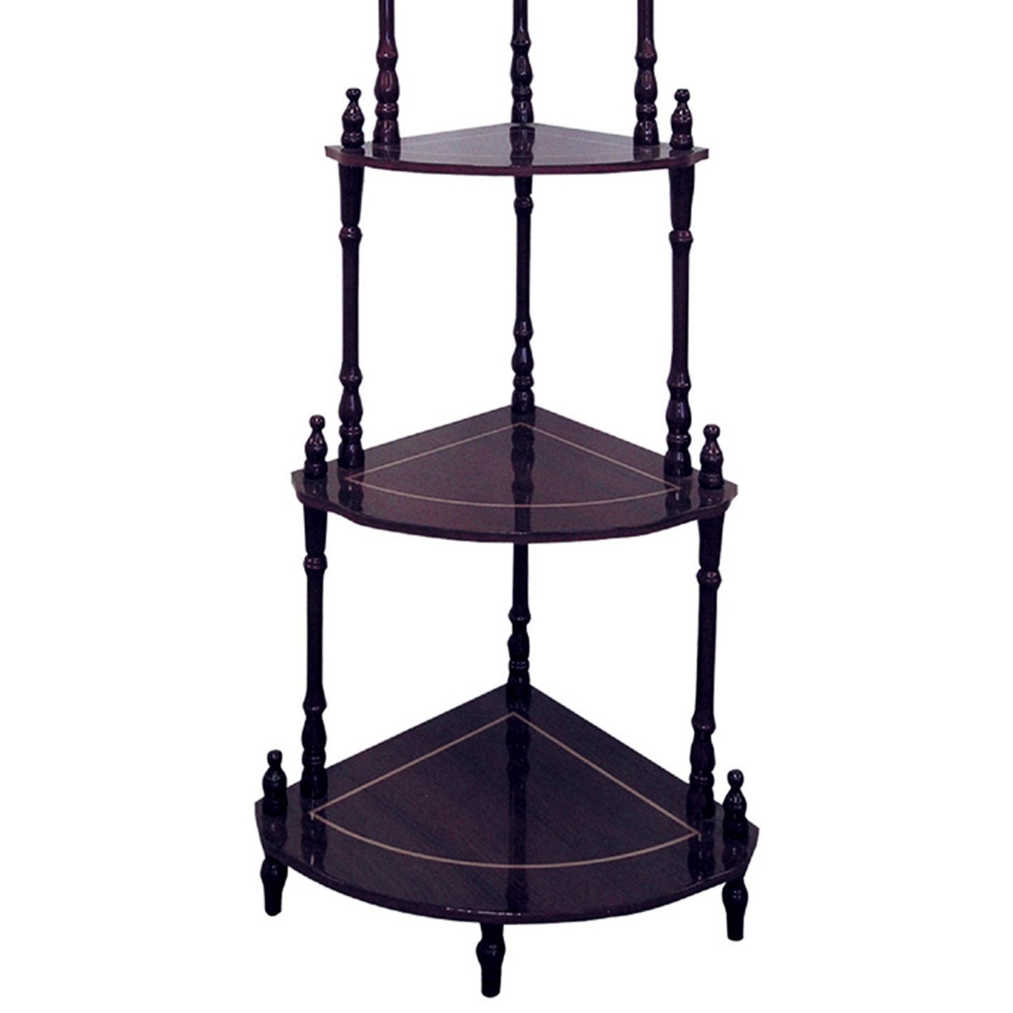 Dark wood threetier corner shelf with decorative spindles and inlaid detailing