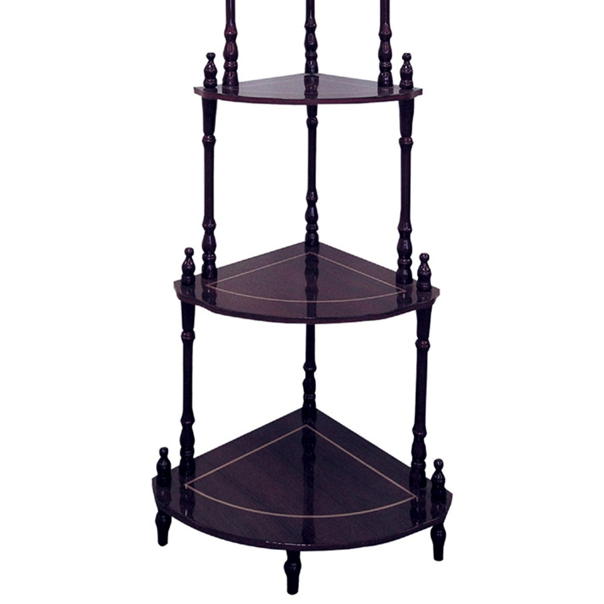Dark wood threetier corner shelf with decorative spindles and inlaid detailing