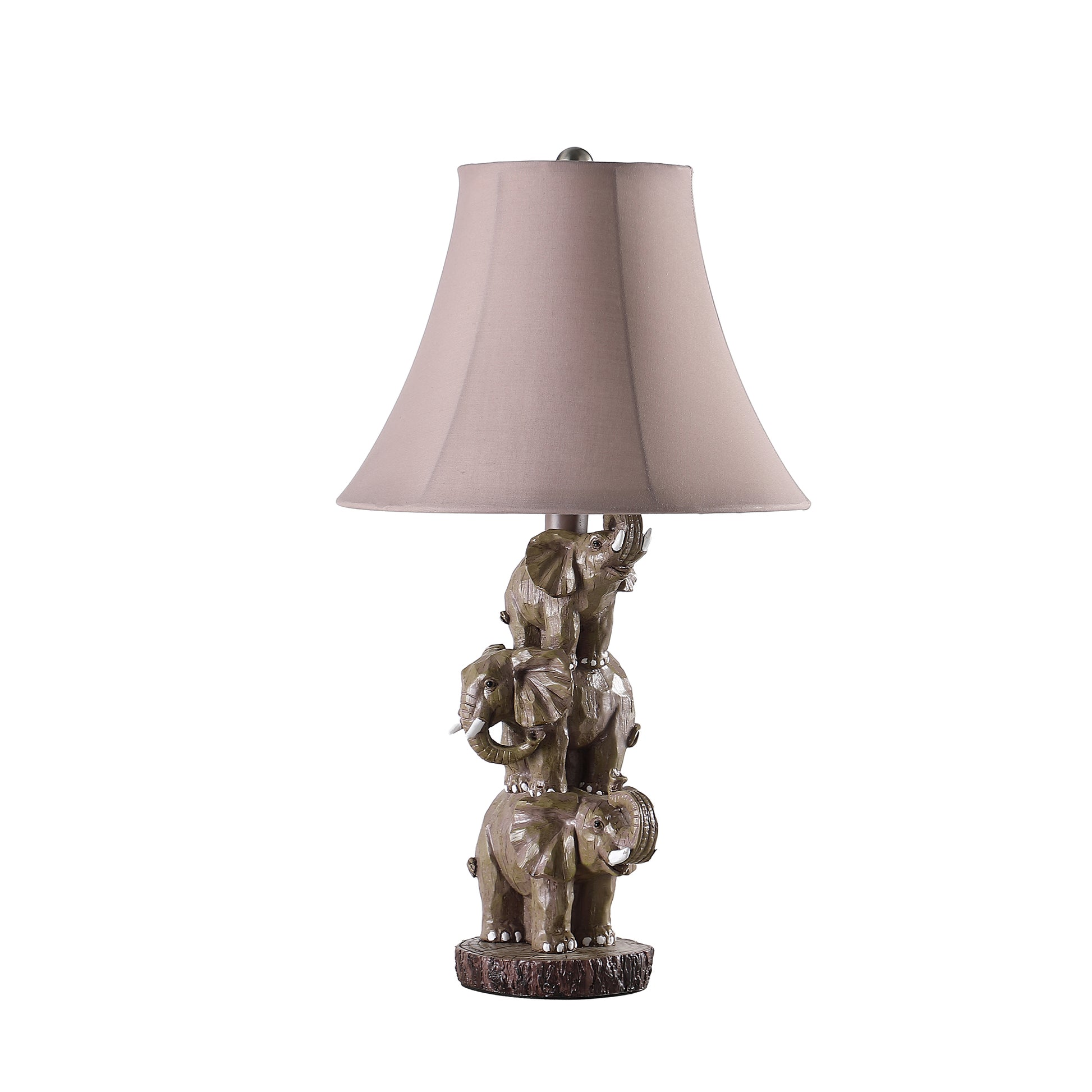 Table lamp with a stacked elephant base and taupe shade
