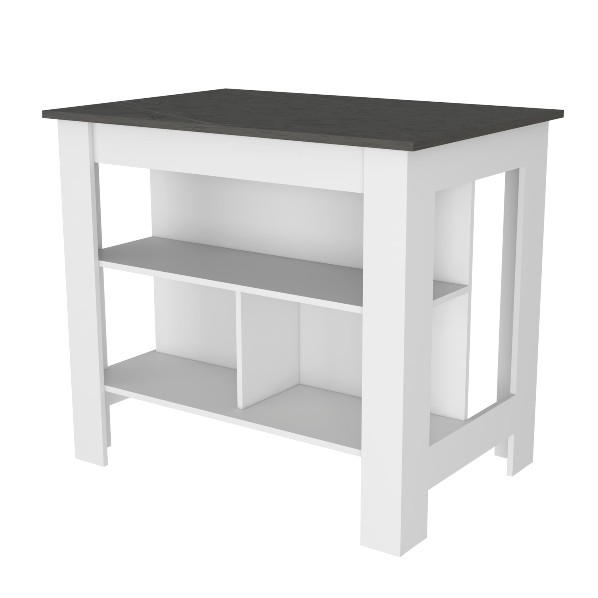 Modern white kitchen island with dark gray faux stone countertop and two open shelves