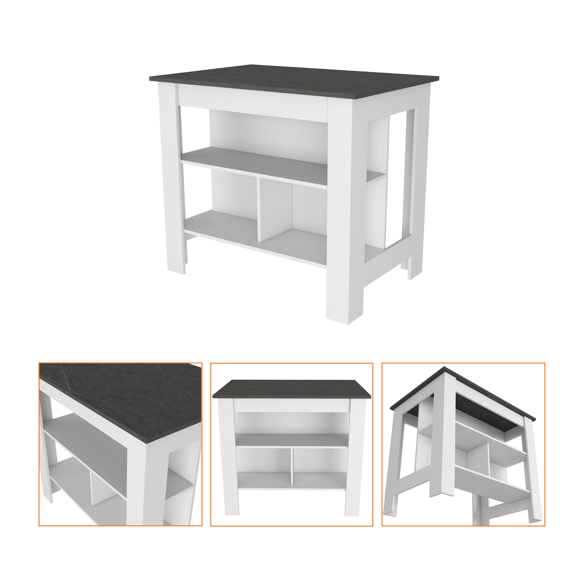 White and grey kitchen island with marblelook top and open shelving
