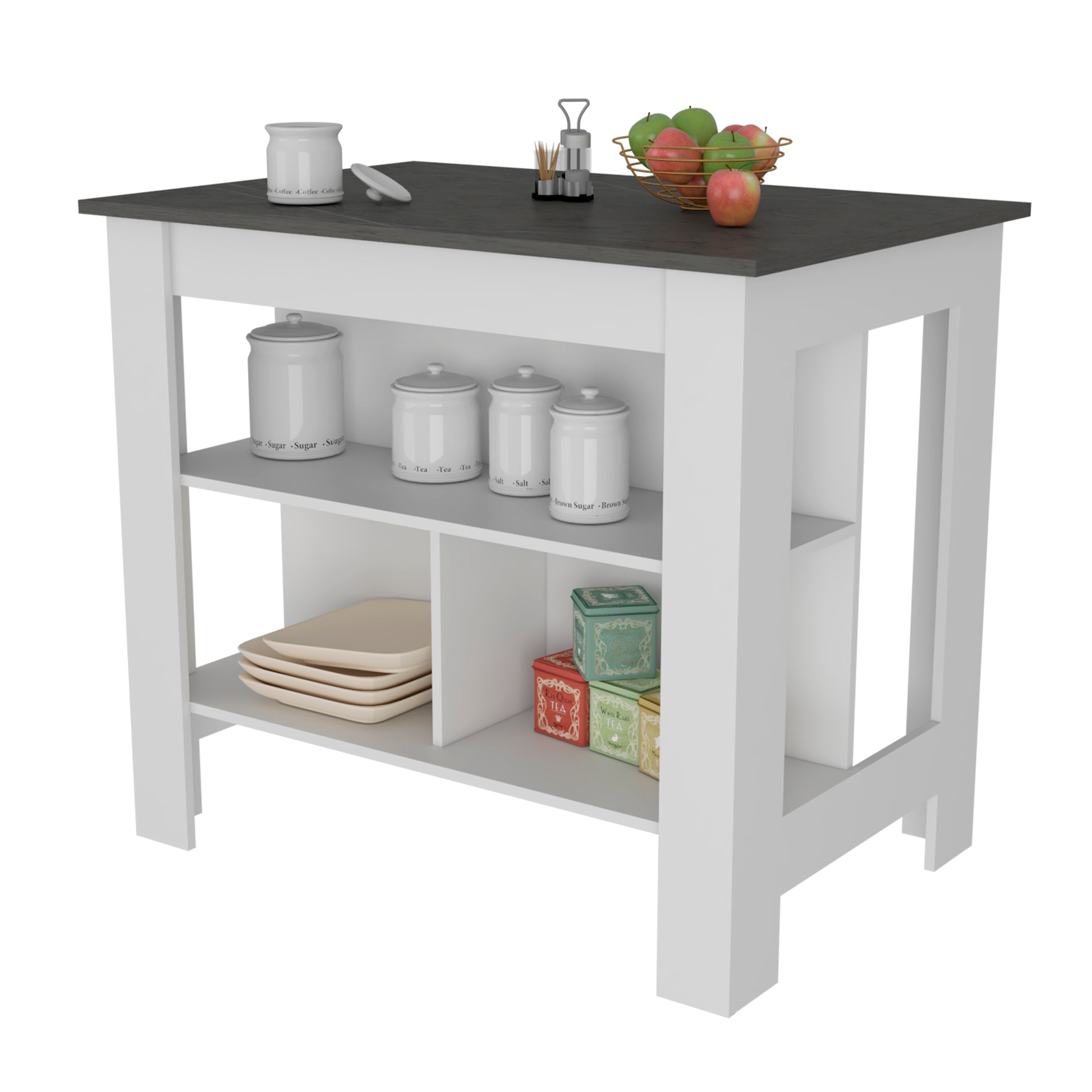 White ceramic coffee canister with lid on kitchen island countertop