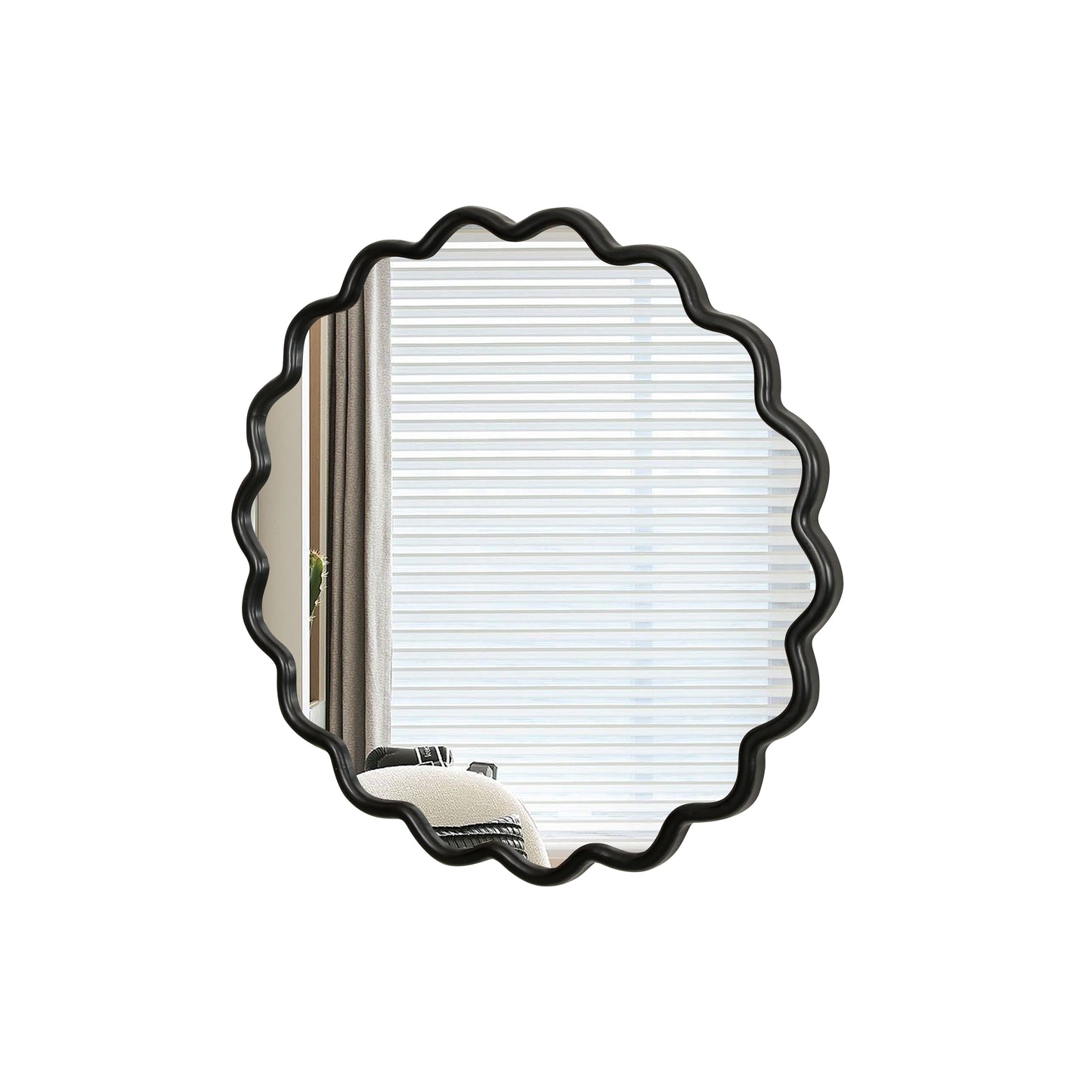 Round black scalloped mirror with wavy frame for entryway decor