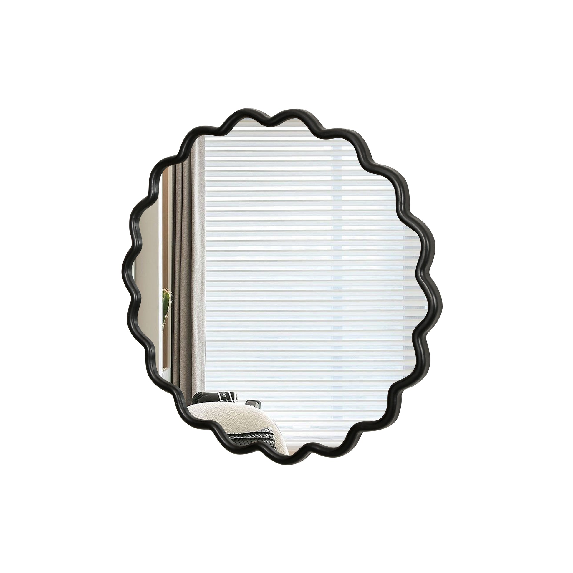 Round black scalloped mirror with wavy frame for entryway decor