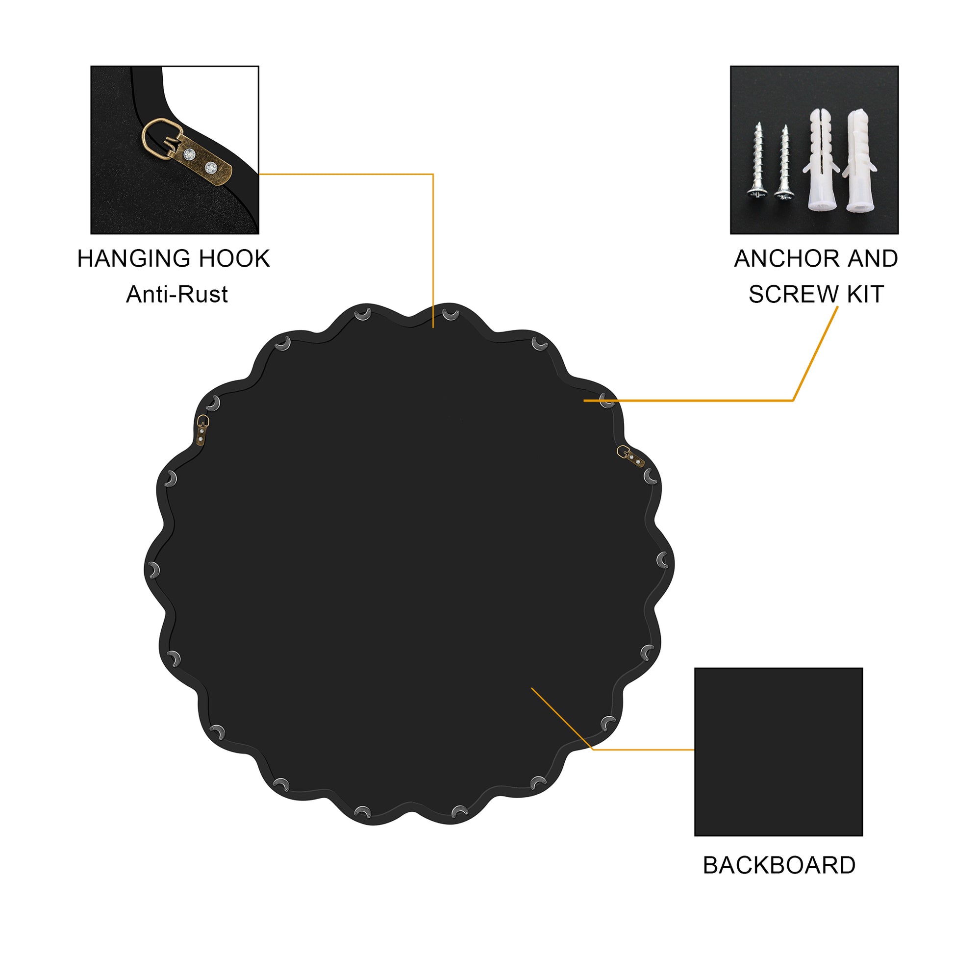 Round black mirror backboard with antirust hanging hook