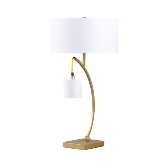 Modern gold arc table lamp with white linen drum shade and unique hanging accent light
