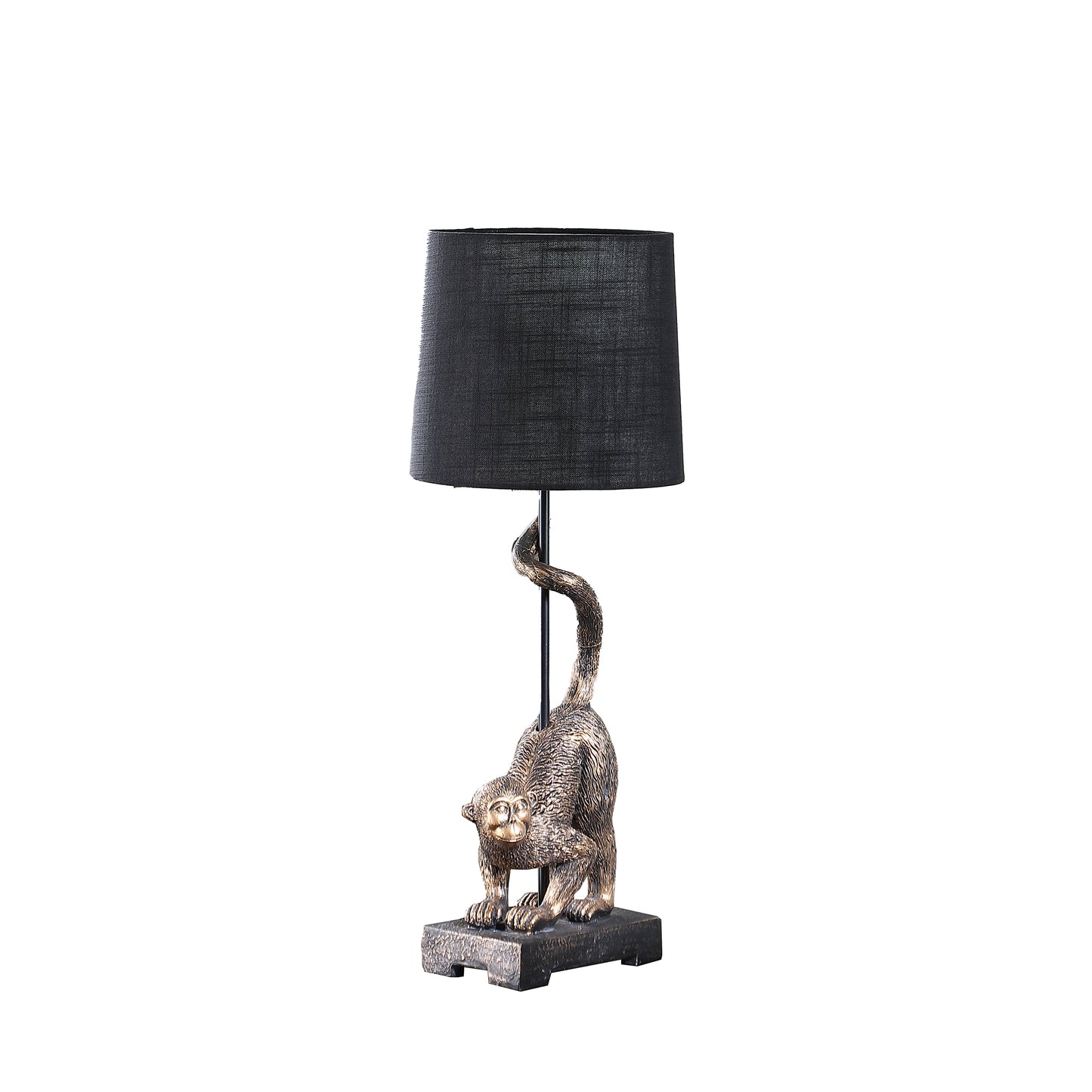 Bronze monkey table lamp with black fabric shade and antique finish