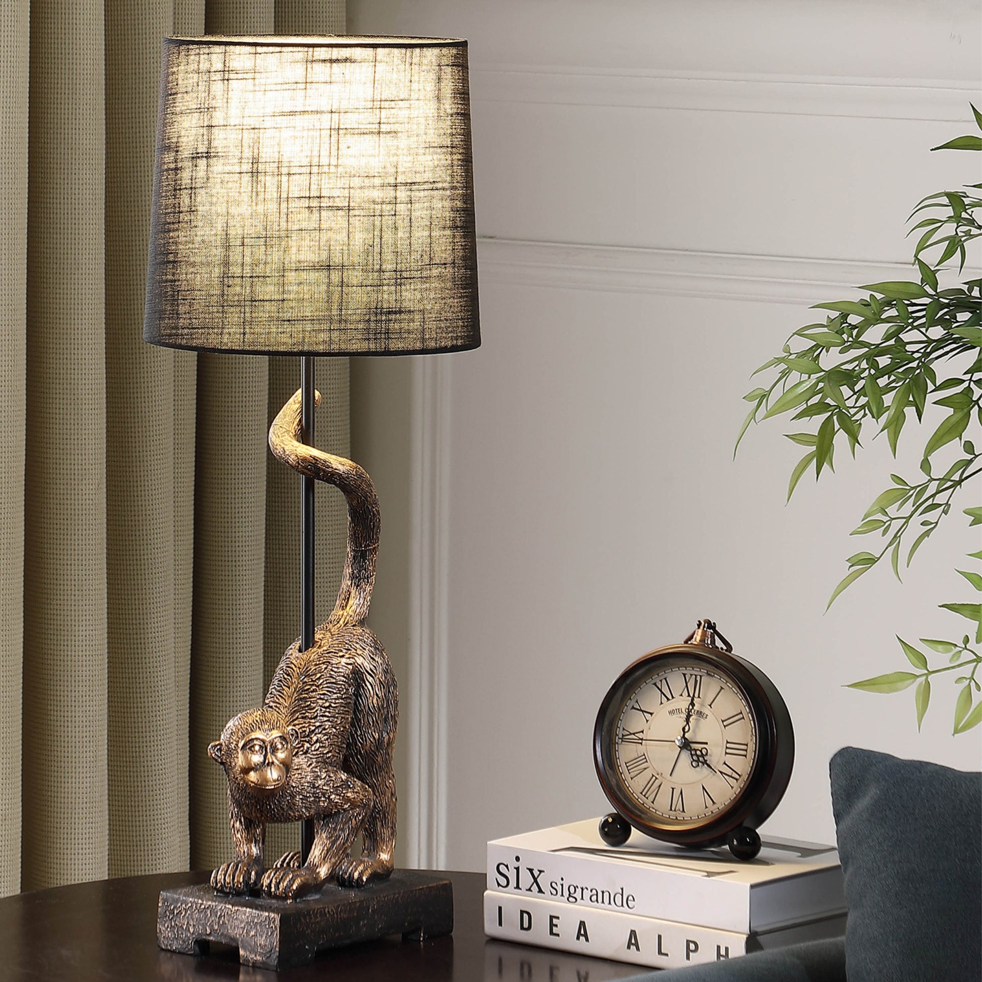 Bronze monkey table lamp with textured linen shade antique design