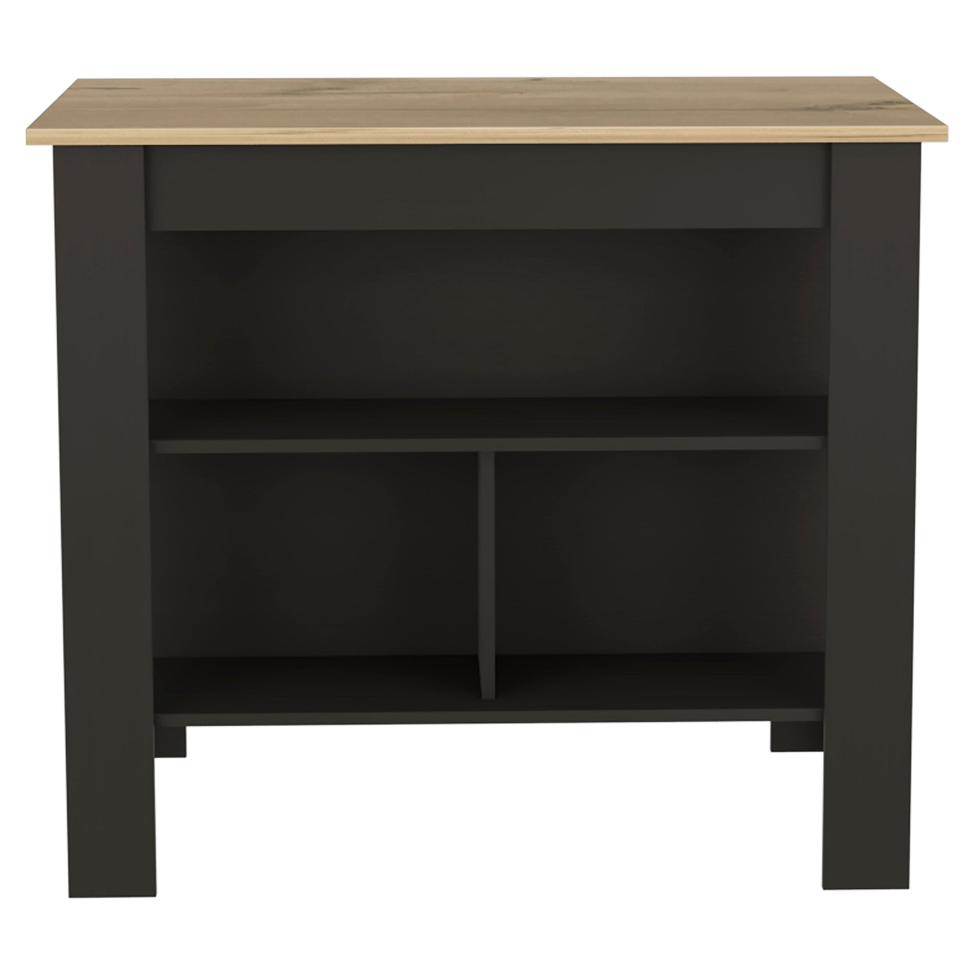 Open shelving unit with dark gray sides and a light wood top