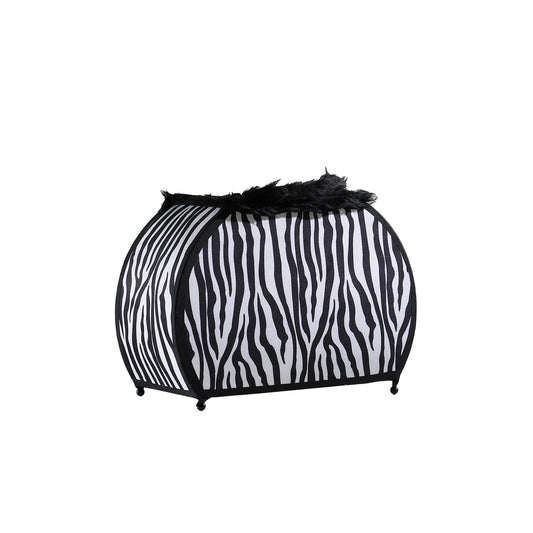 Black and white zebra print fabric cat bed with plush trim