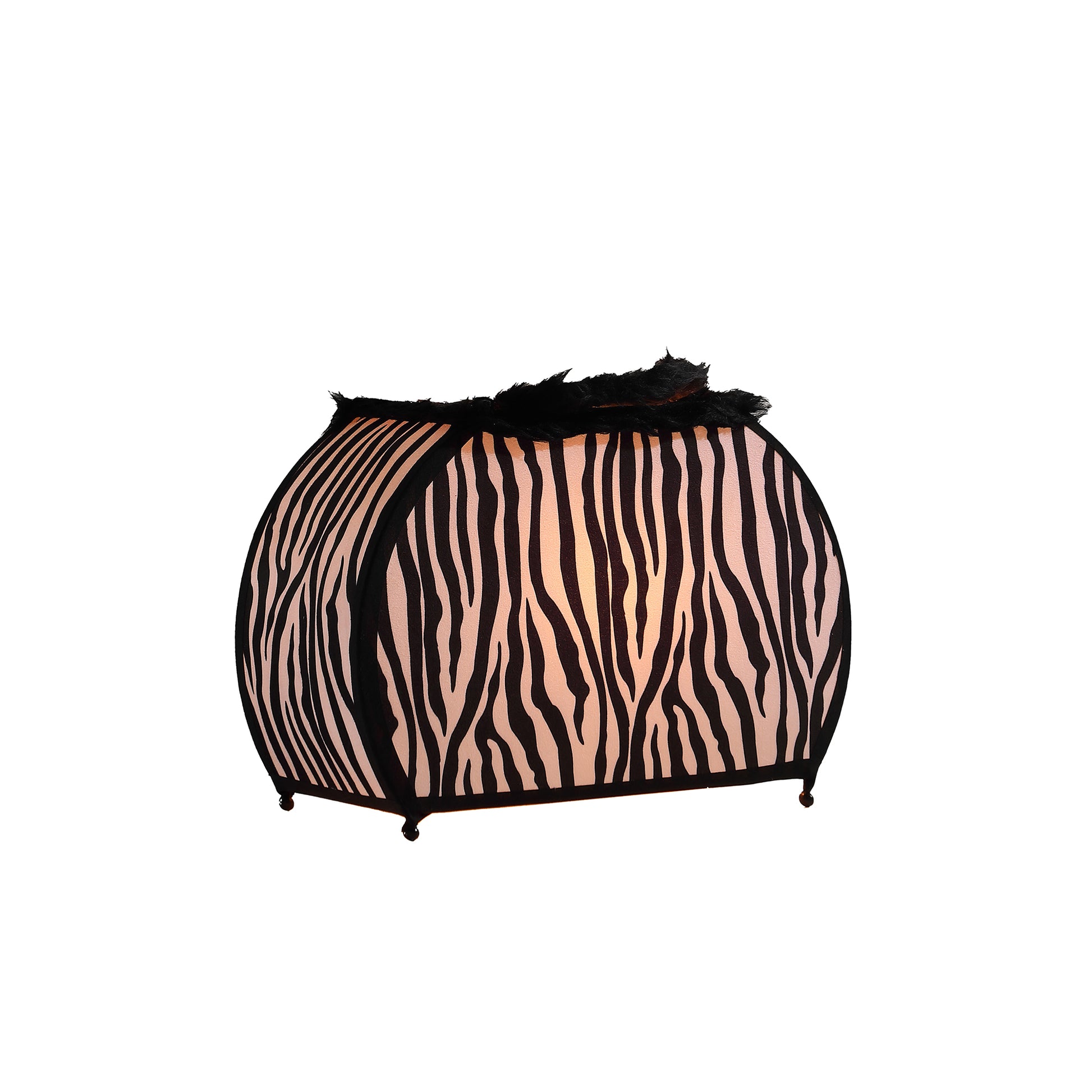 Round zebra print lampshade with black feather trim and ornate legs