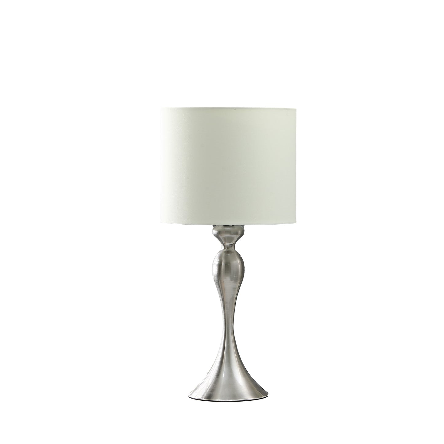 Modern brushed nickel table lamp with a cream drum shade perfect for bedside tables