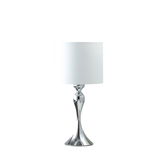 Sleek chrome table lamp with a modern curved base and white drum shade