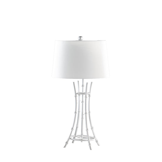 White bamboostyle table lamp with white linen drum shade perfect for living room ambiance