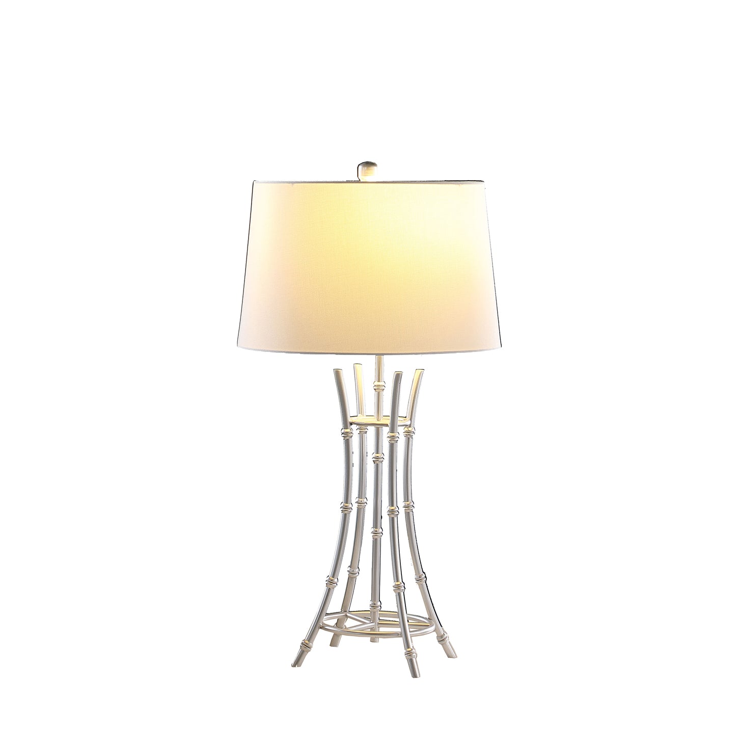 Elegant silver bamboostyle table lamp with a cream linen shade providing ambient lighting