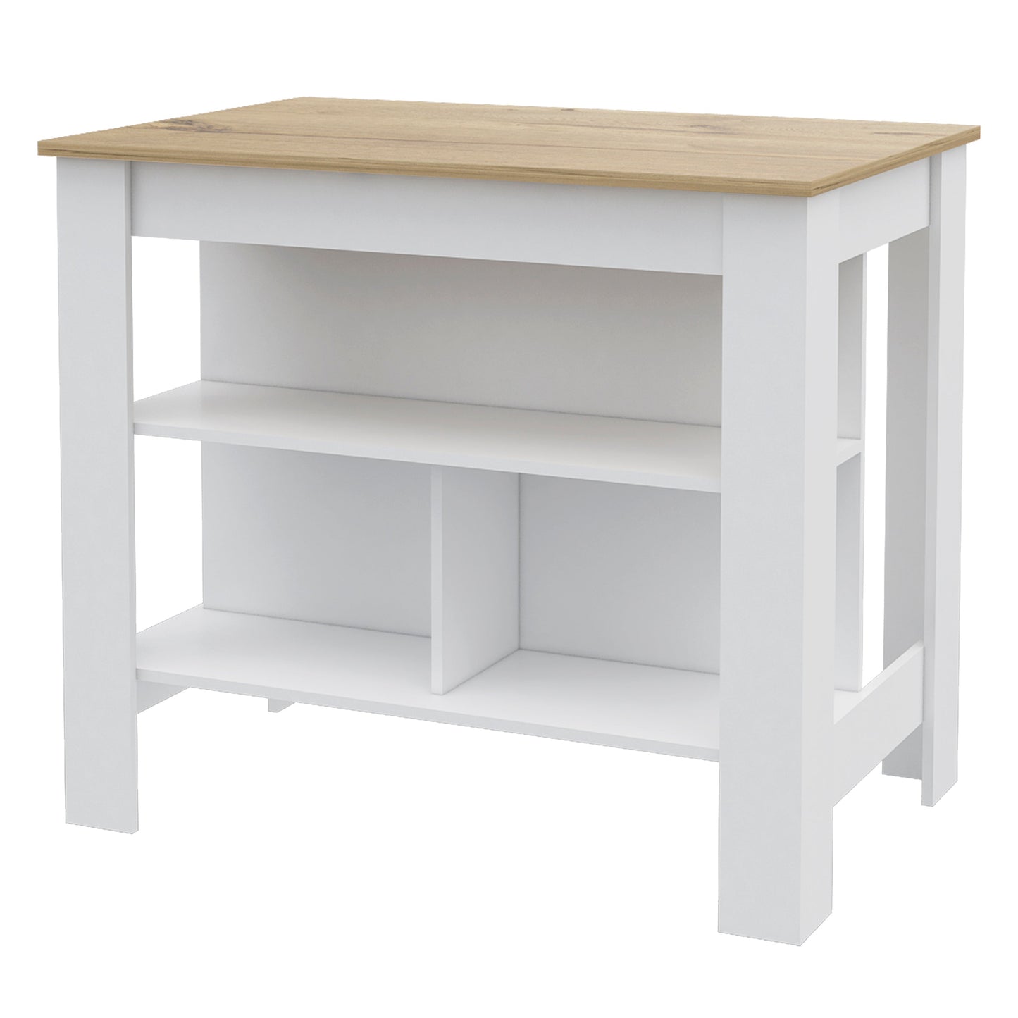 White wooden kitchen island with natural wood top and two shelves