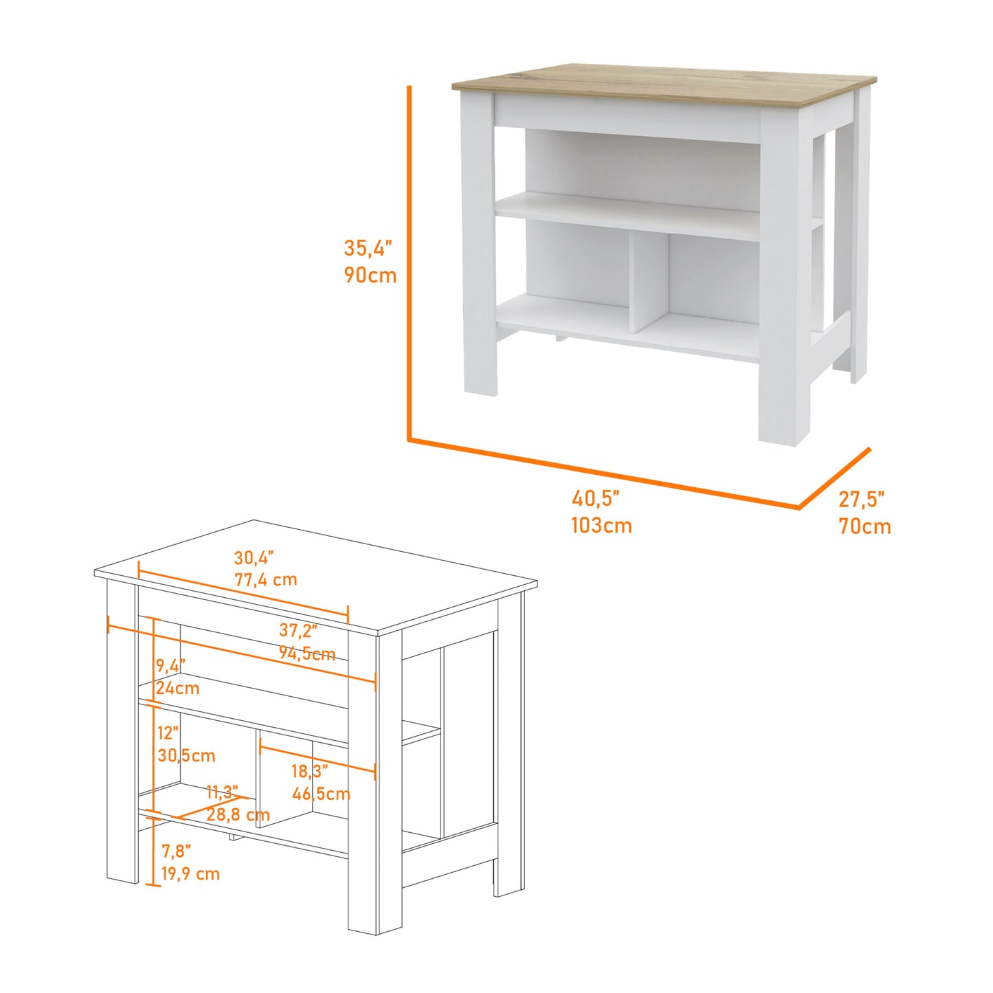 White kitchen island with light wood top and two open shelves
