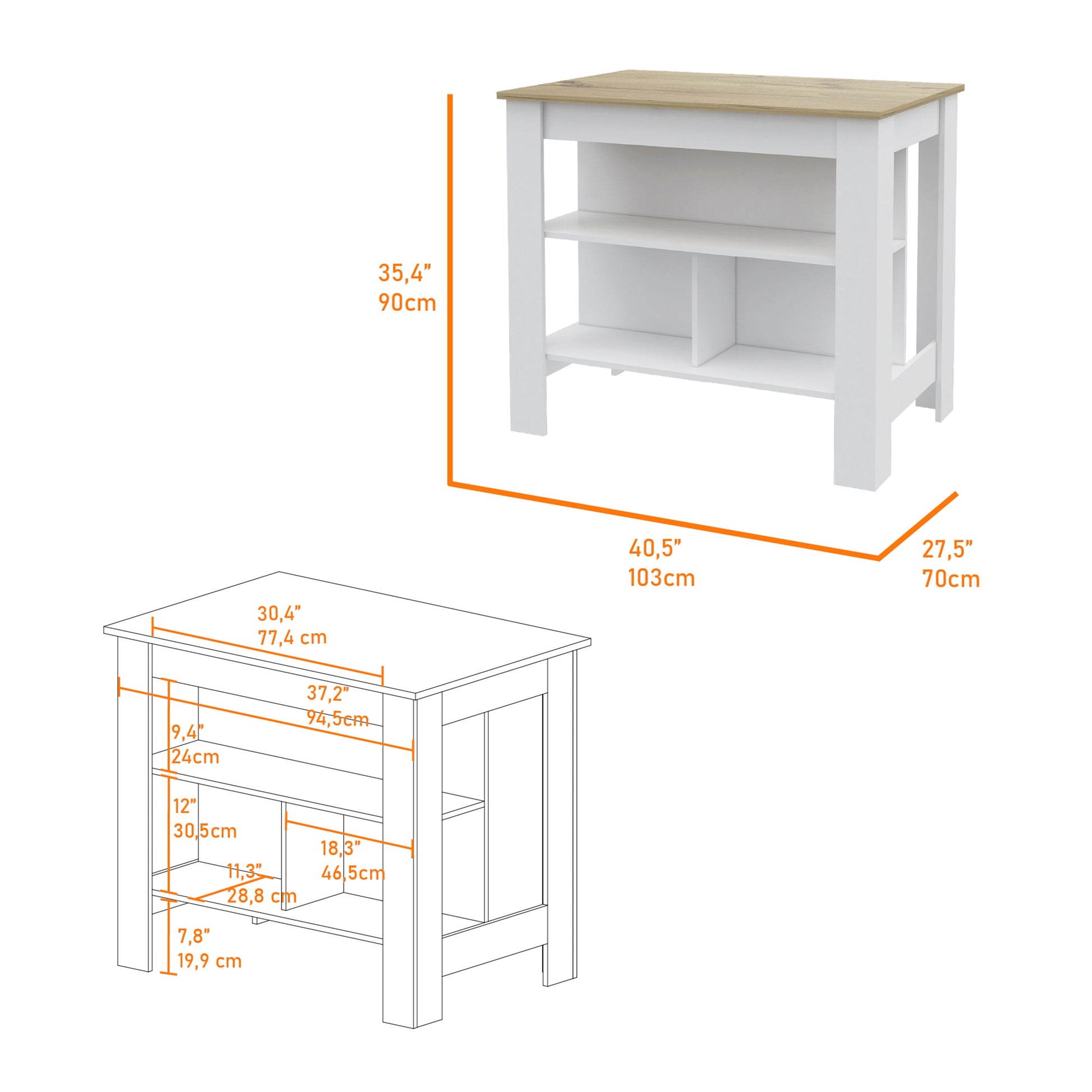 White kitchen island with light wood top and two open shelves