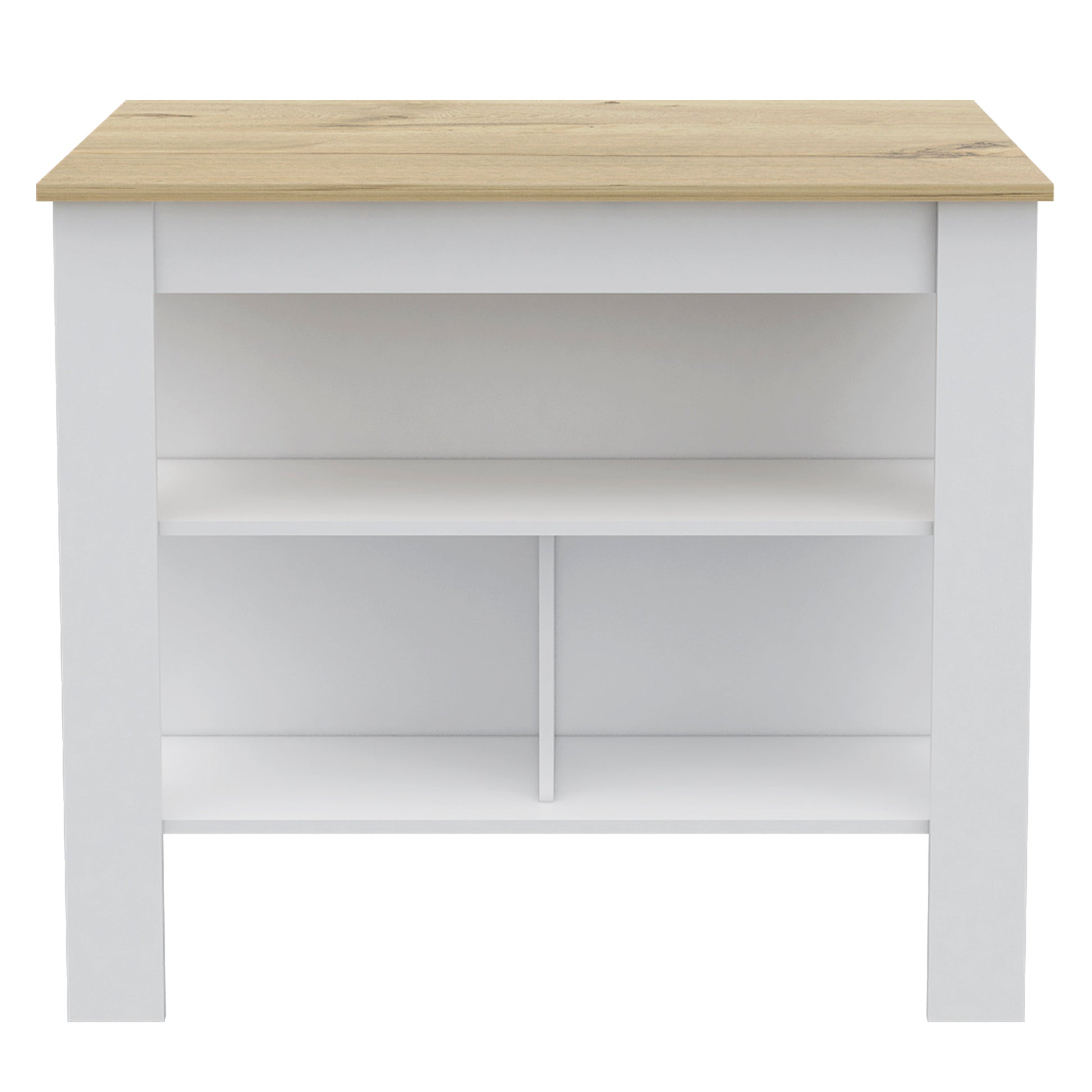 Modern white console table with oak wood top and open shelving