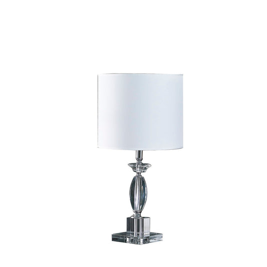 Elegant clear crystal table lamp with a white drum shade