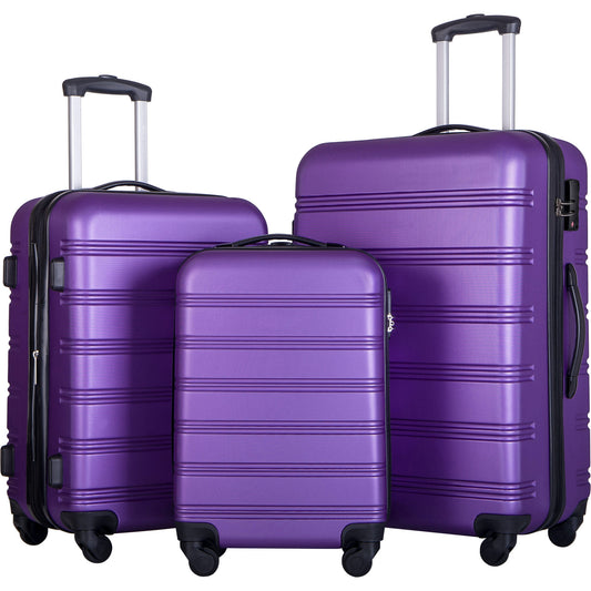 Three purple hardside suitcases with telescopic handles and spinner wheels Perfect for travel
