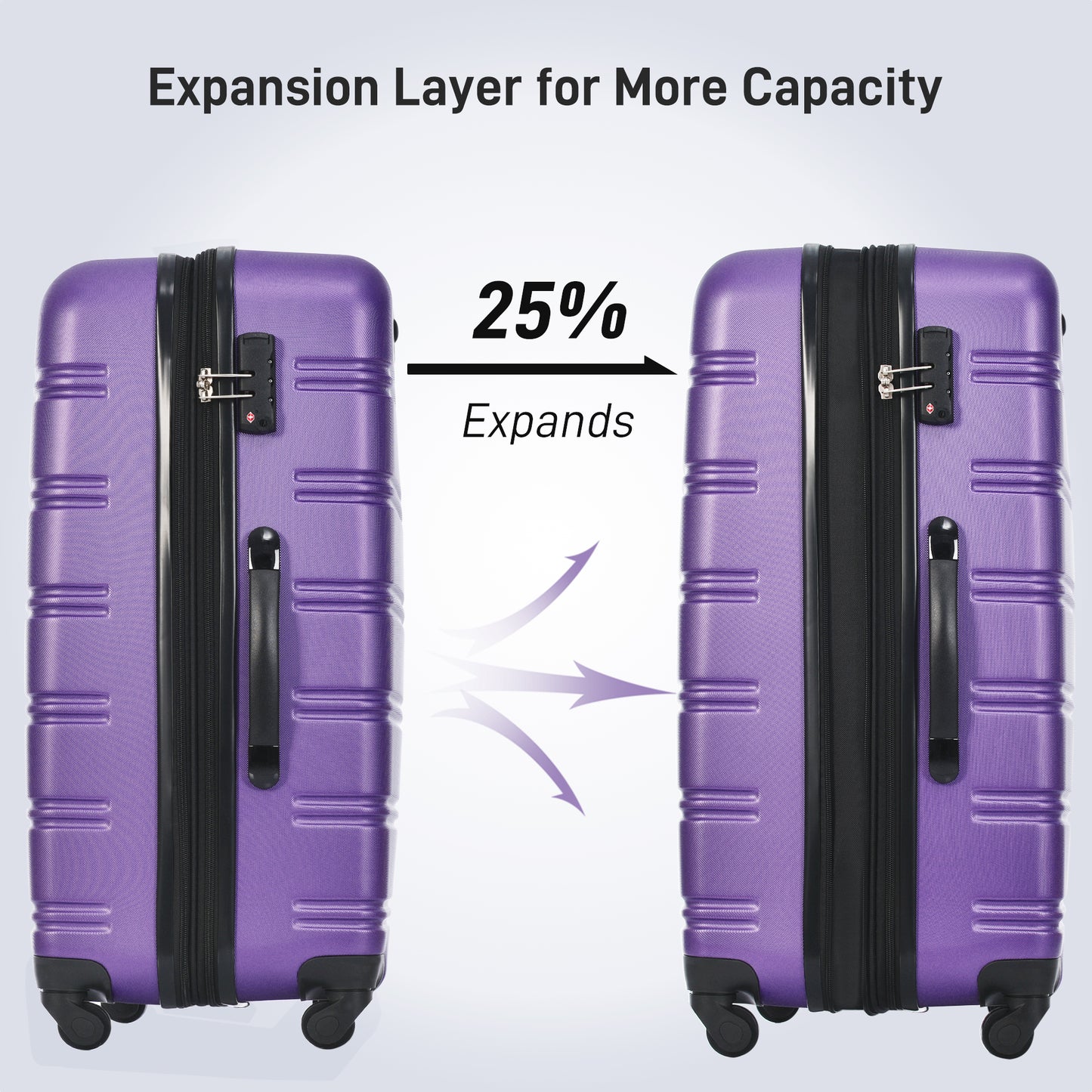 Purple expandable suitcase shown in expanded state  more capacity