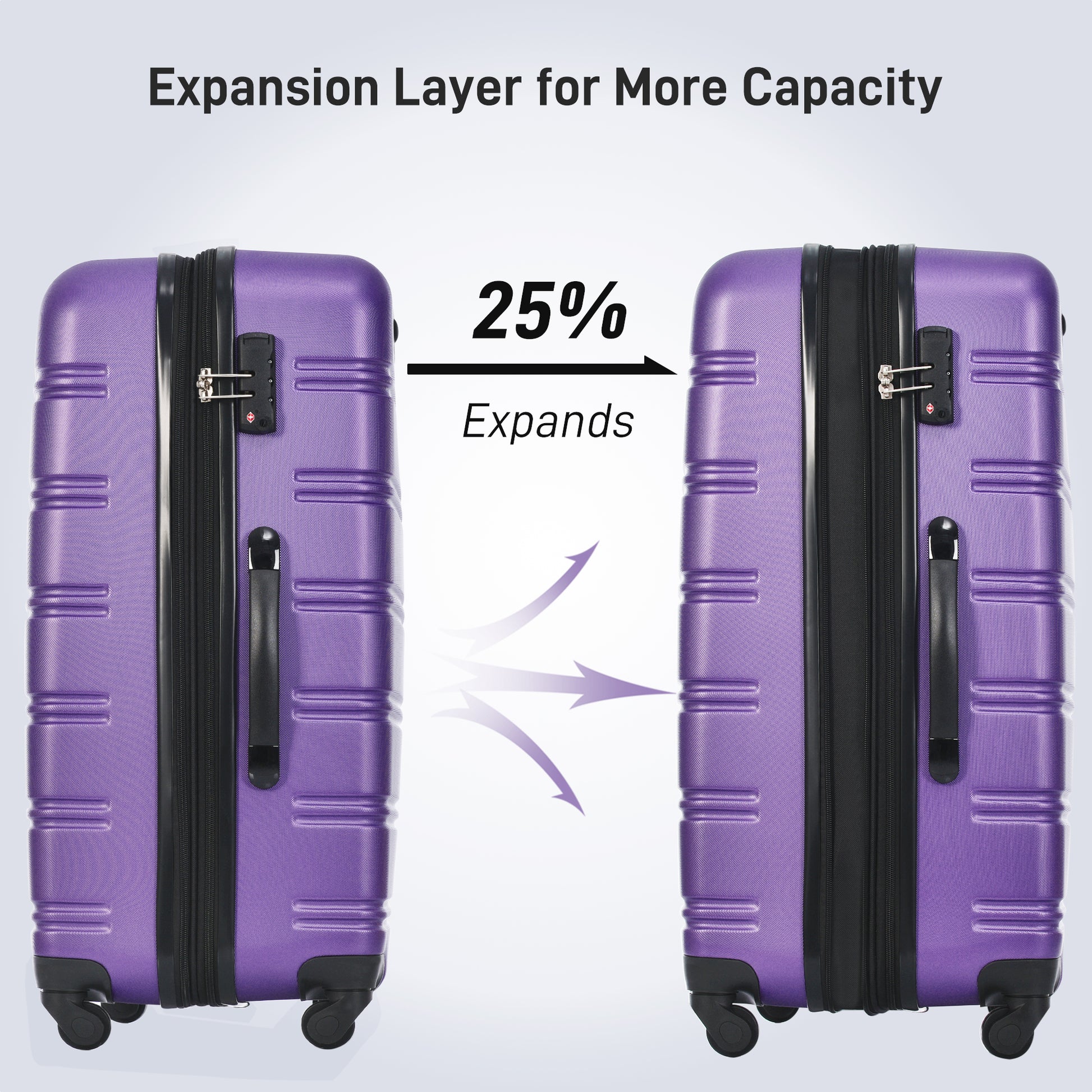 Purple expandable suitcase shown in expanded state  more capacity