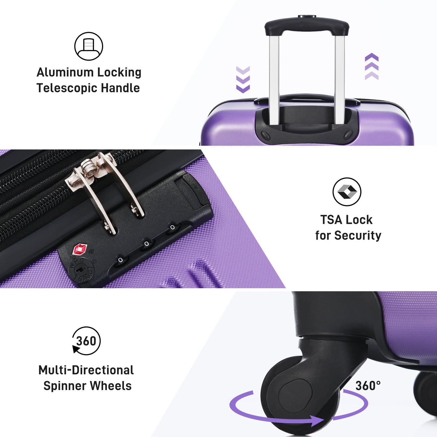 Purple hardshell luggage with an aluminum locking telescopic handle for easy travel