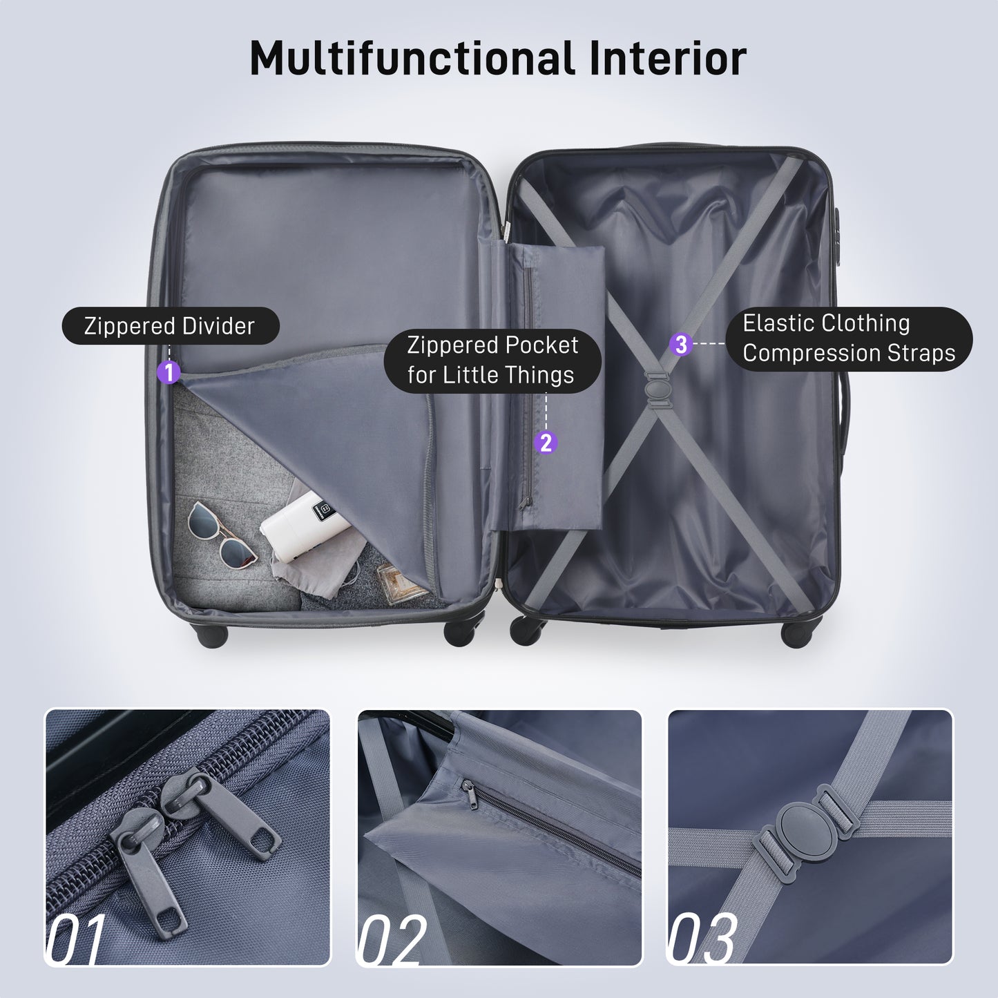 Dark grey luggage interior with zippered divider for organized travel