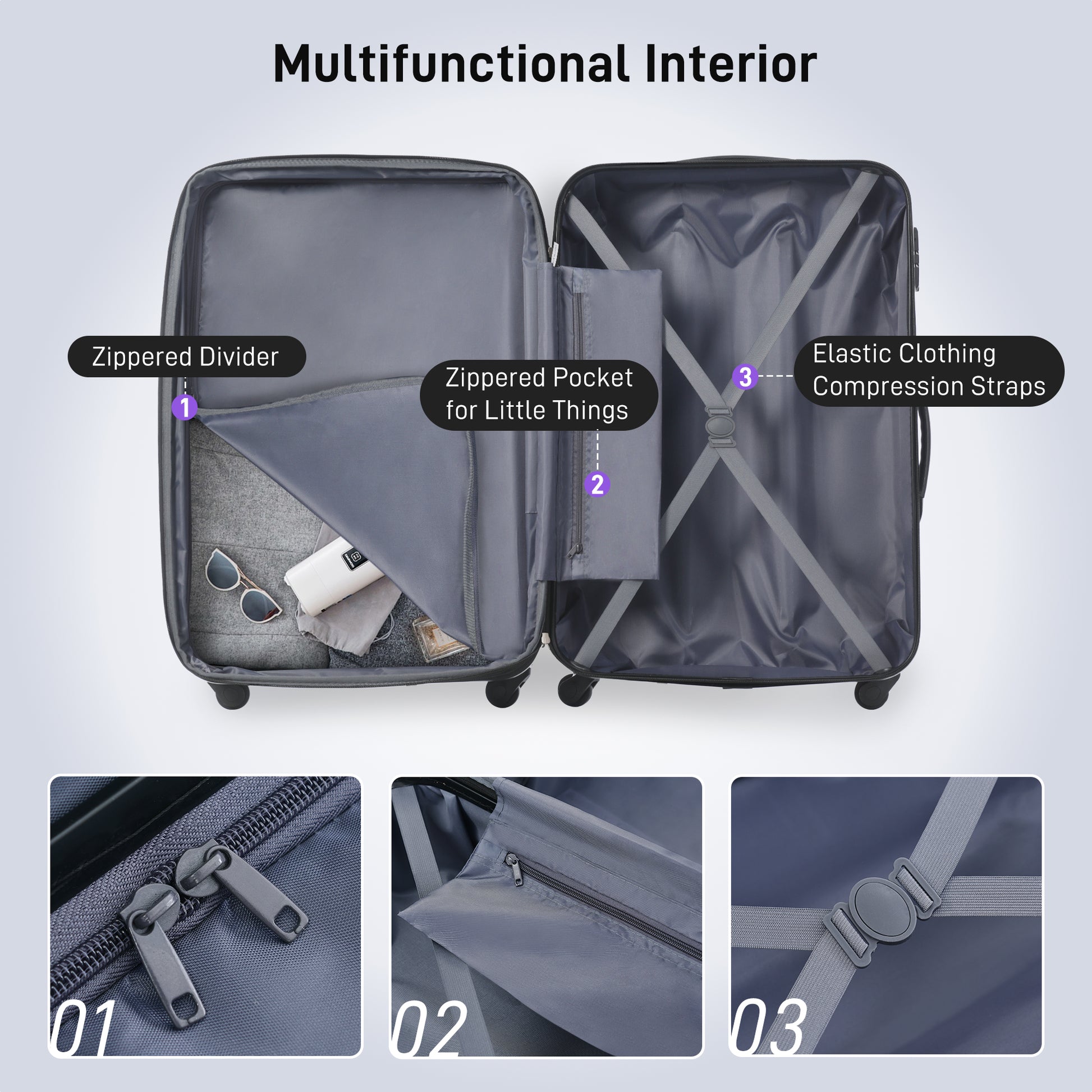 Dark grey luggage interior with zippered divider for organized travel