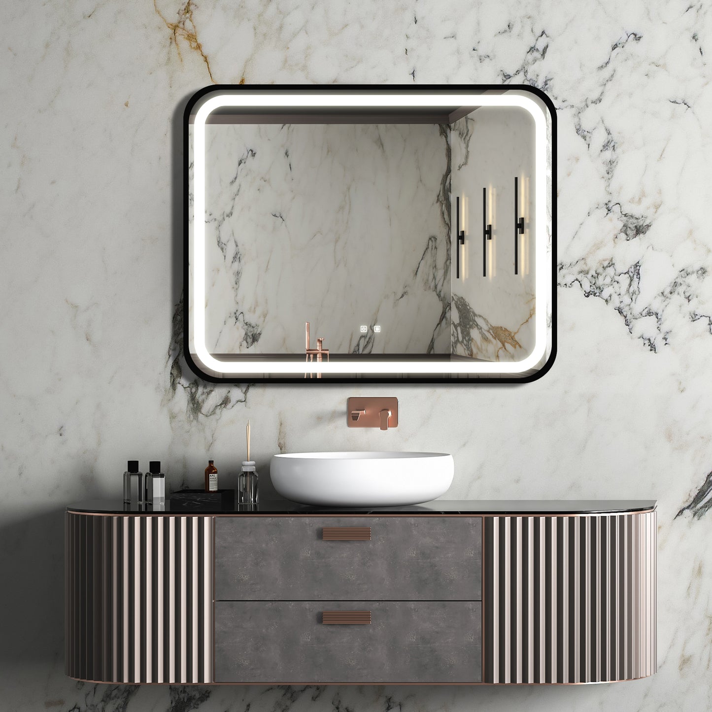 Modern LED bathroom mirror with rounded corners and integrated lighting