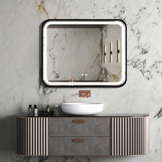 Modern LED bathroom mirror with rounded corners and integrated lighting