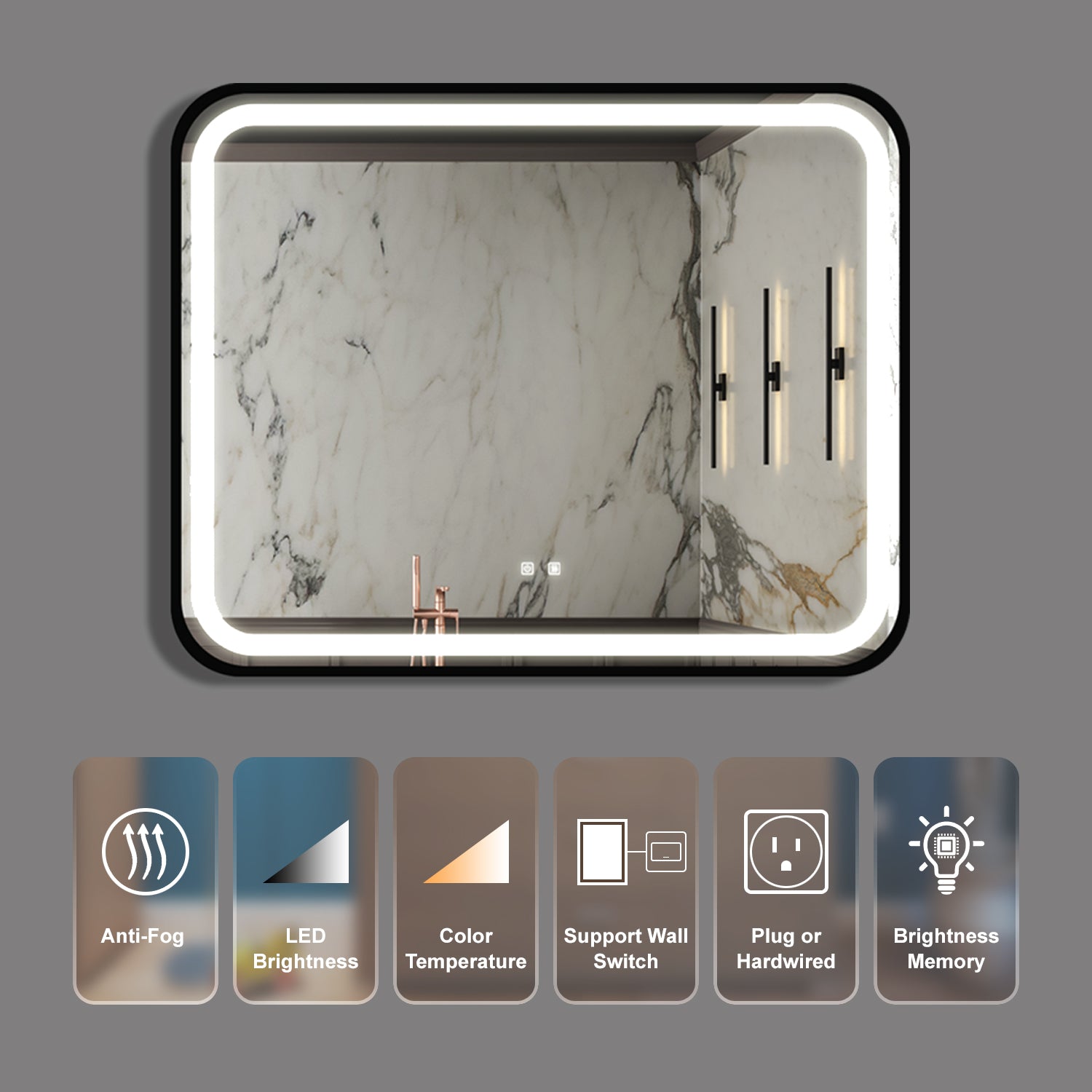 Modern backlit bathroom mirror with antifog feature and integrated LED lighting